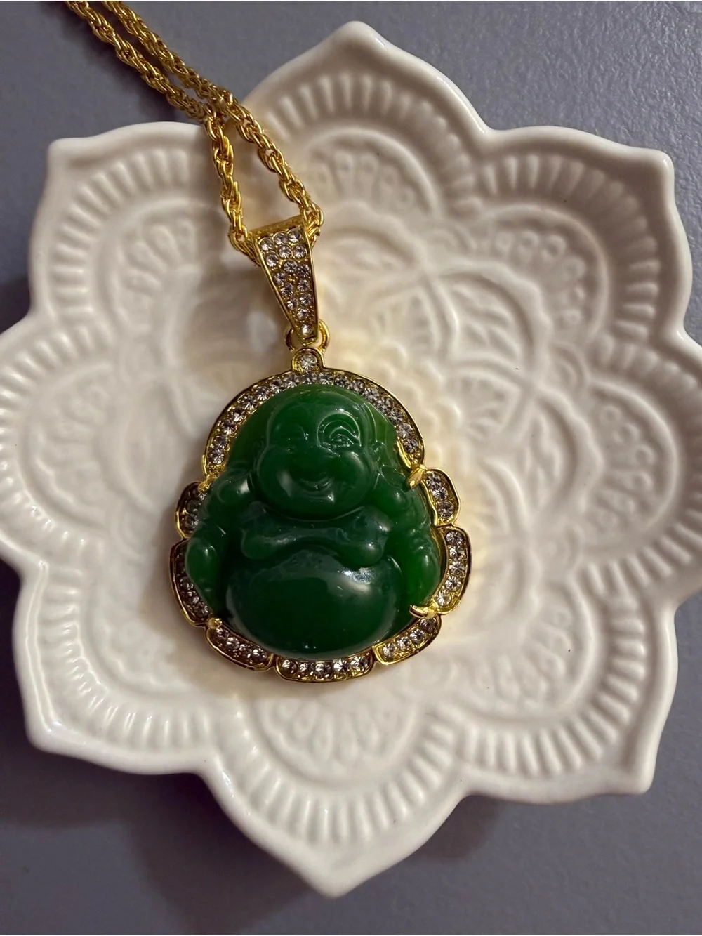 Women Maitreya Buddha Green Stone Zircon Pendant Lucky Amulet Fortune Necklace